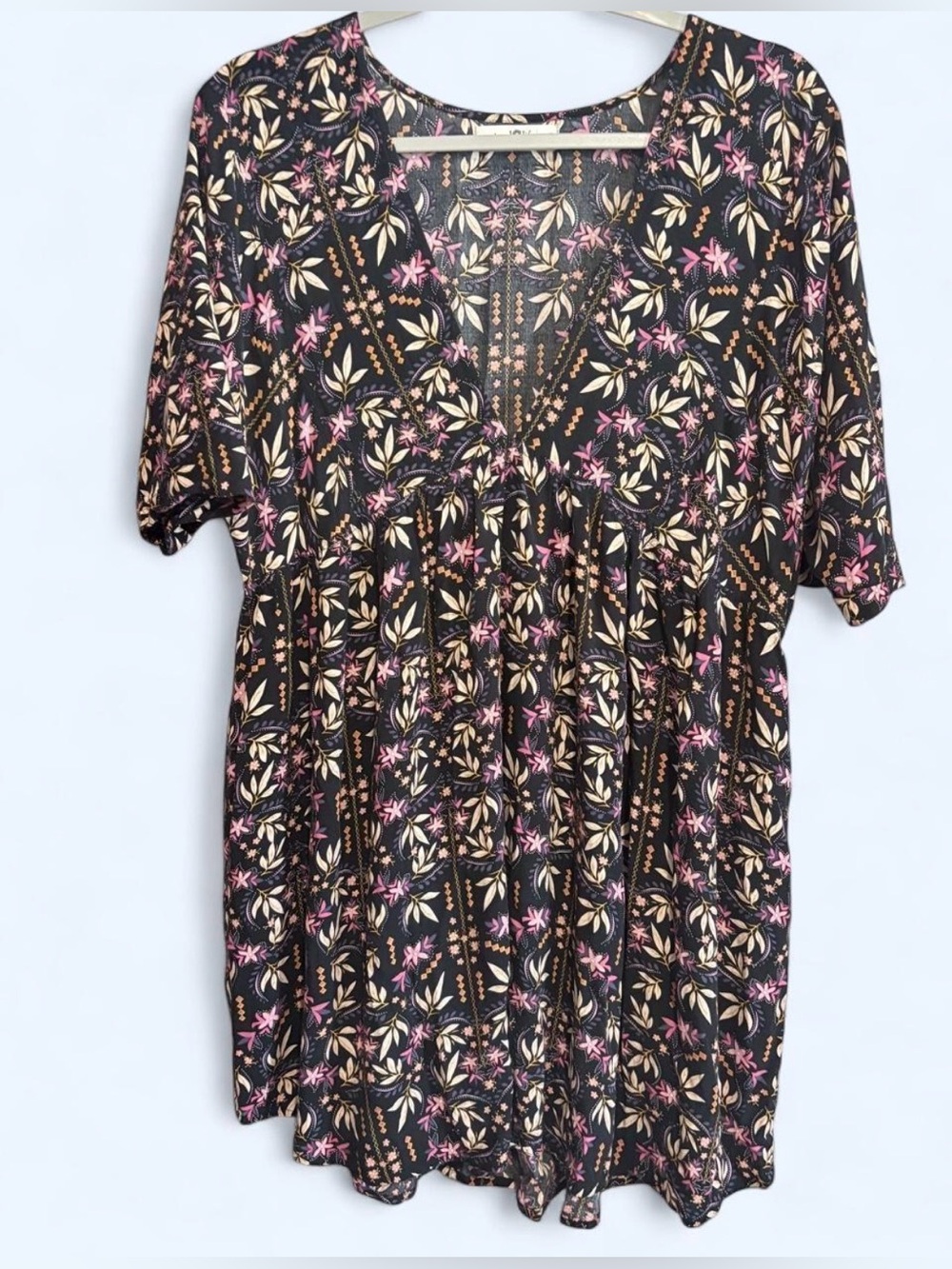 Natural Life floral v-neck babydoll dress, black with pink and green accents
